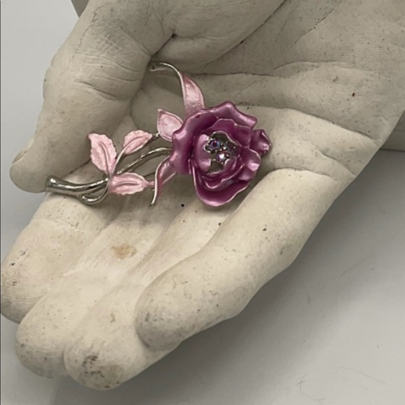 Vintage Jewelry - “ROSE PIN/BROOCH” VINTAGE SILVER, PINKS WITH RHINESTONES.